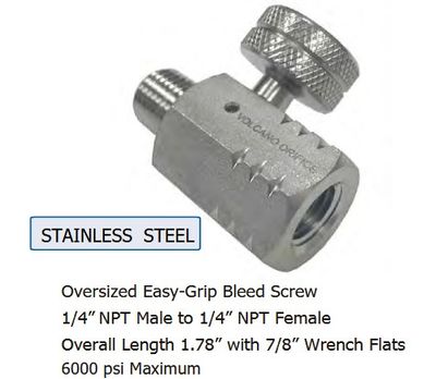 1/4 npt male to 1/4 npt female "Inline Bleed" CV403