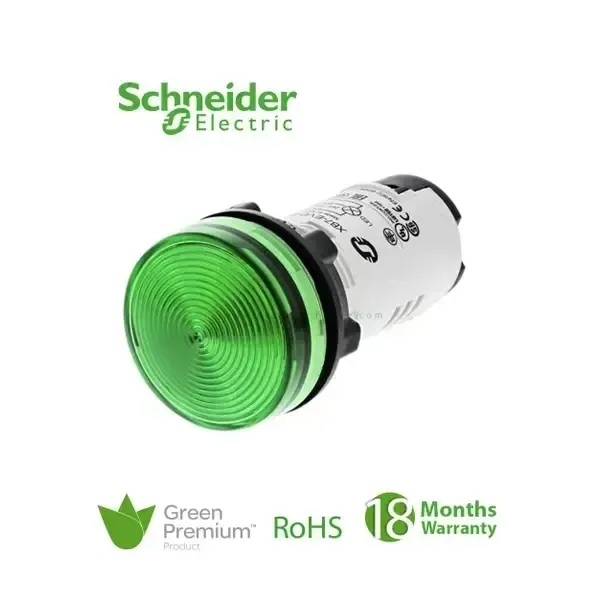 SCHNEIDER - Round Pilot Light ˜ 22, Green, Ba 9S Base, 250 V, Screw Clamp Terminals