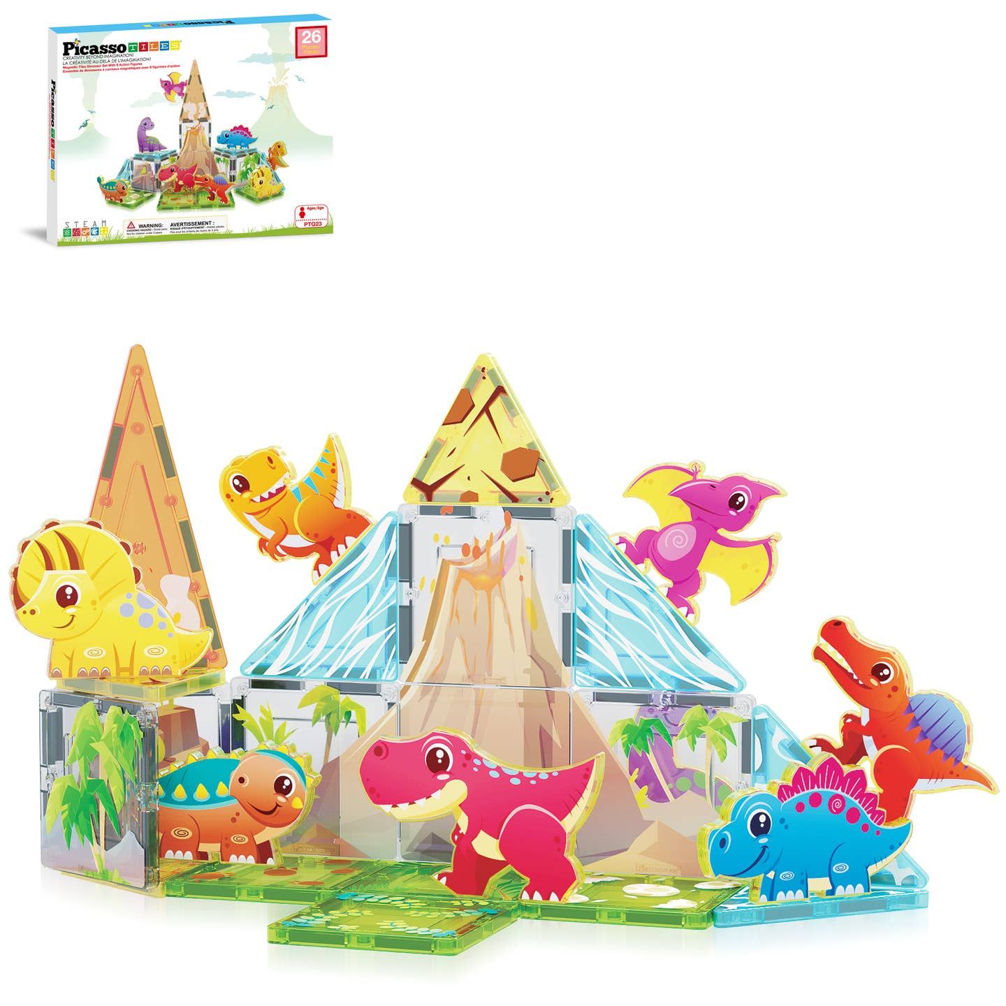 PicassoTiles 26pc Dino Theme Magnetic Tile Building Set
