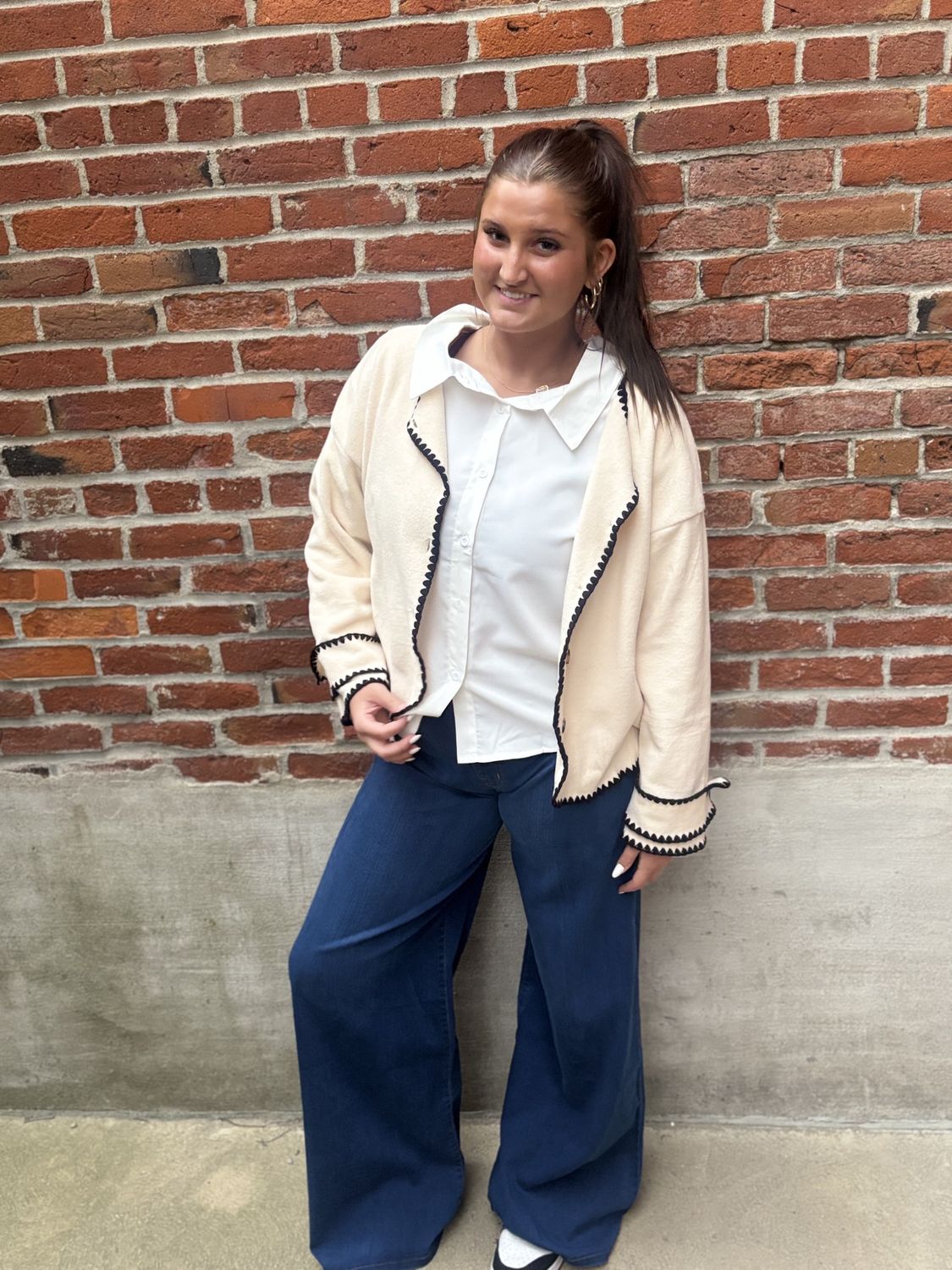 Apricot Black Line Crewneck Sweater