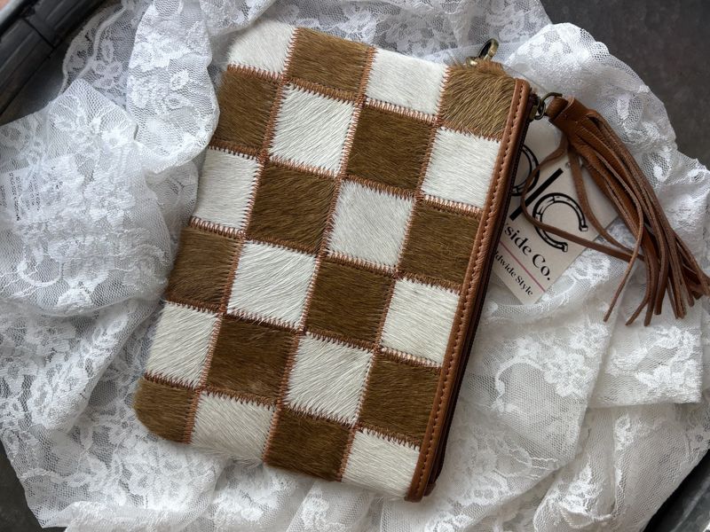 Checkered Cowhide Wristlet