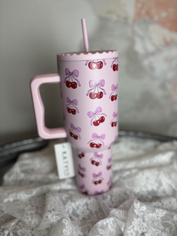 Light Pink Cherry Bow Tumbler Cup