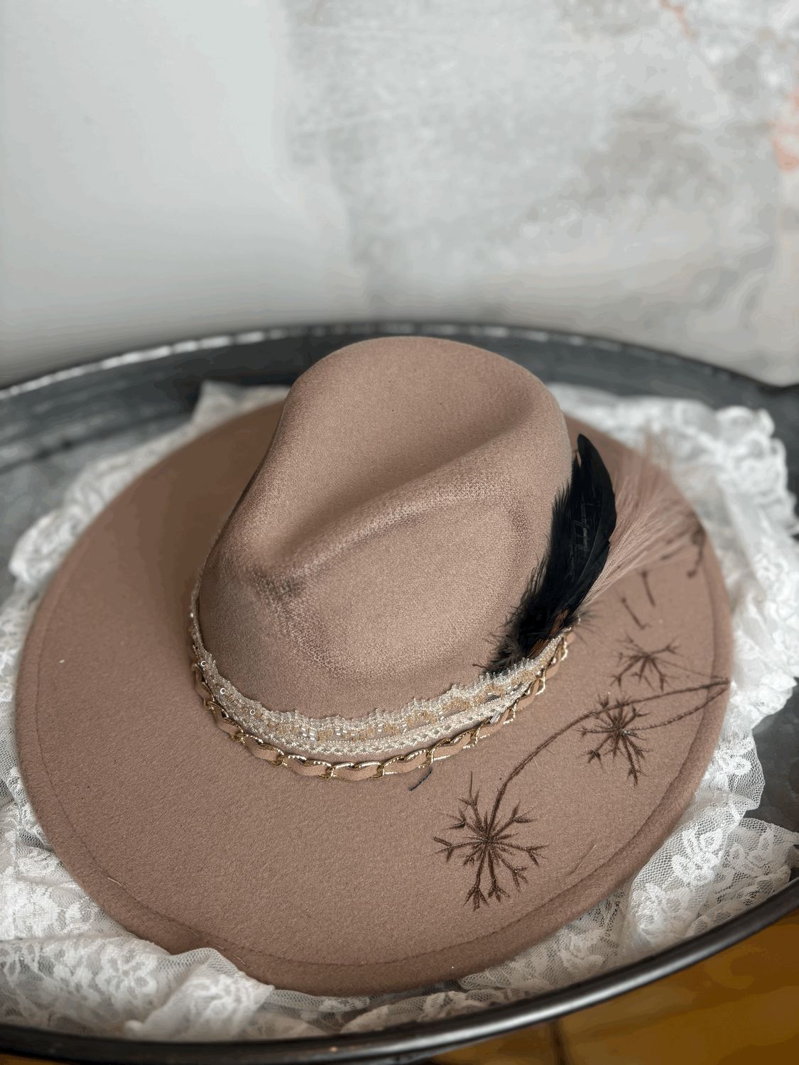 Light Pink Snowflake Feathered Wide Brim Hat