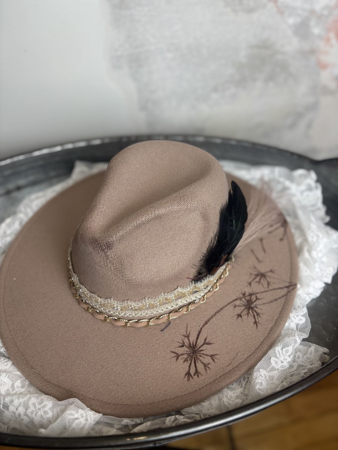 Light Pink Snowflake Feathered Wide Brim Hat