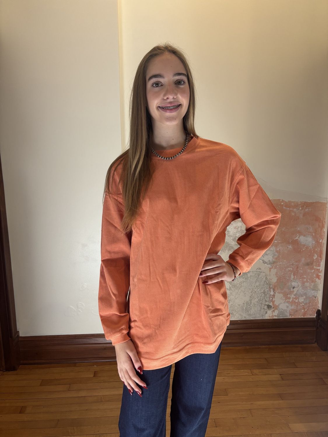Orange Long Sleeve Ribbed crewneck