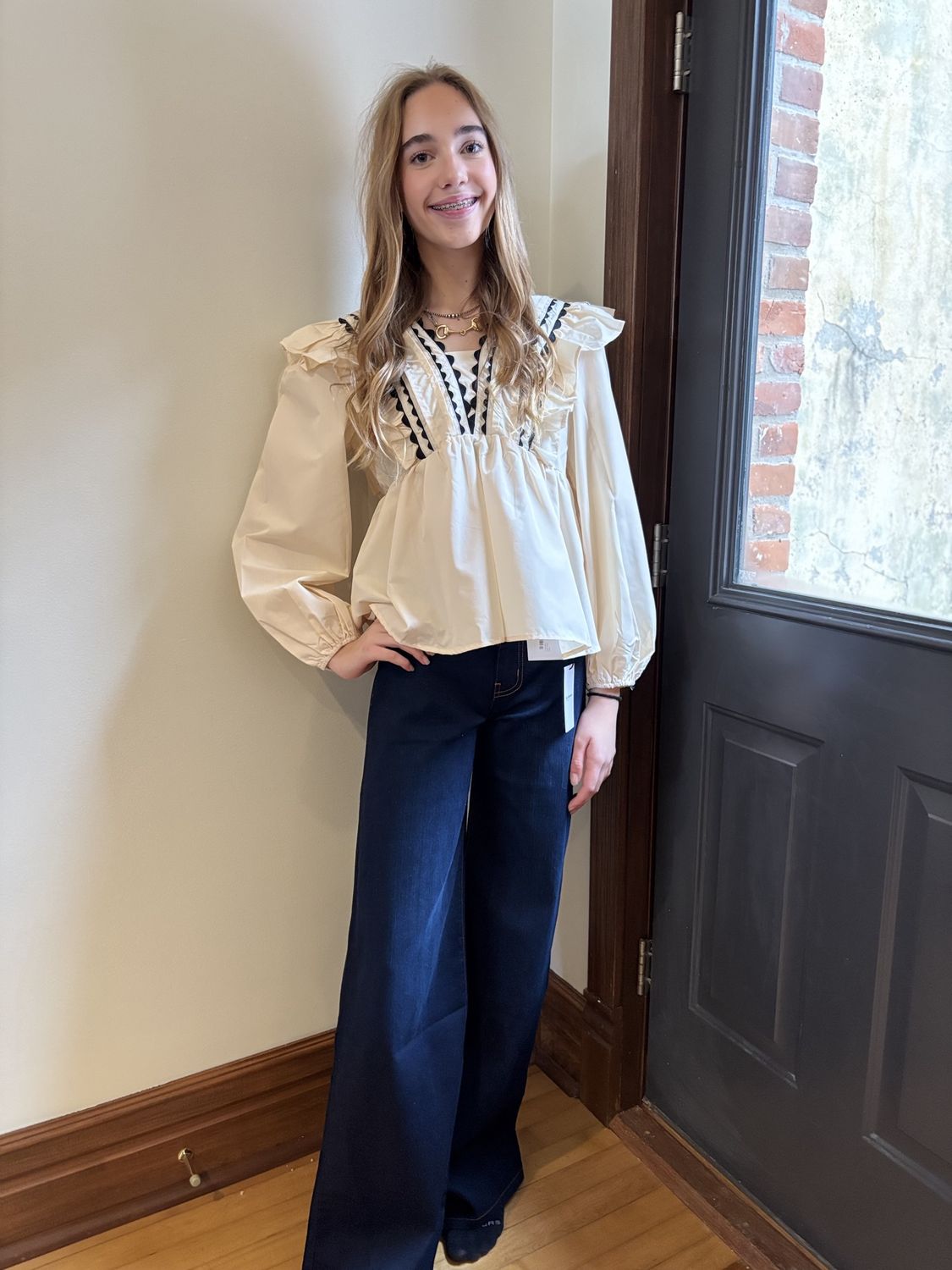 Woven Long Sleeve Cream and Black Top