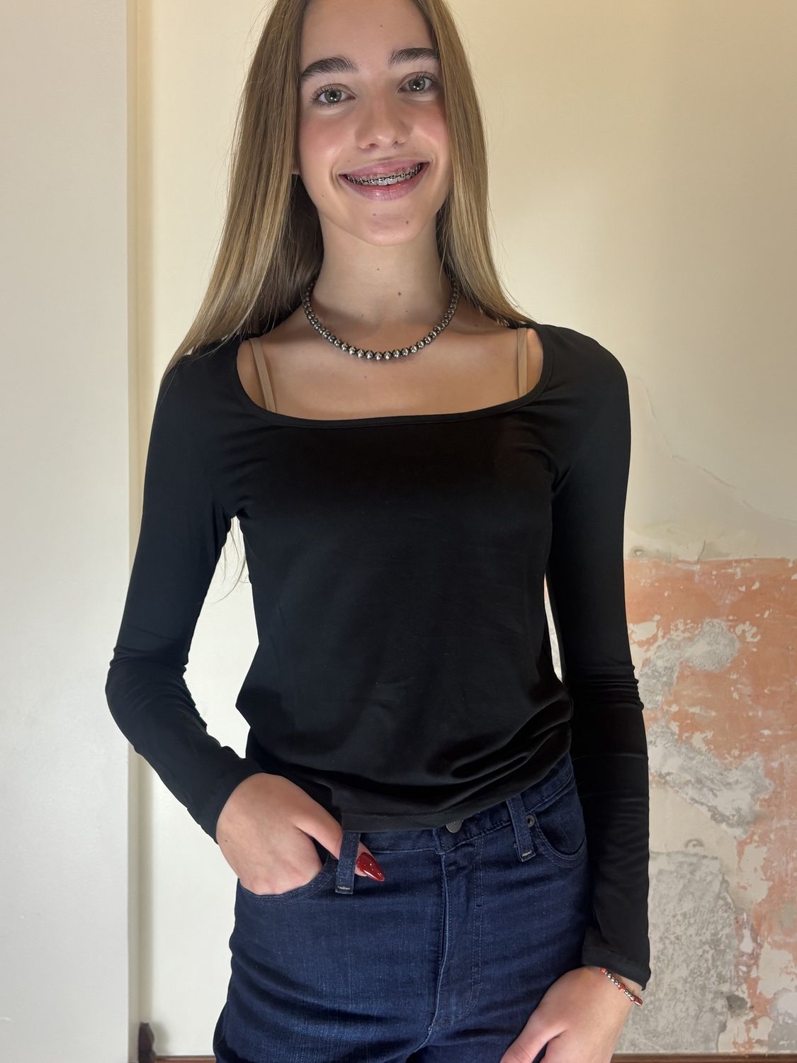 Black Square Neck Long Sleeve Top