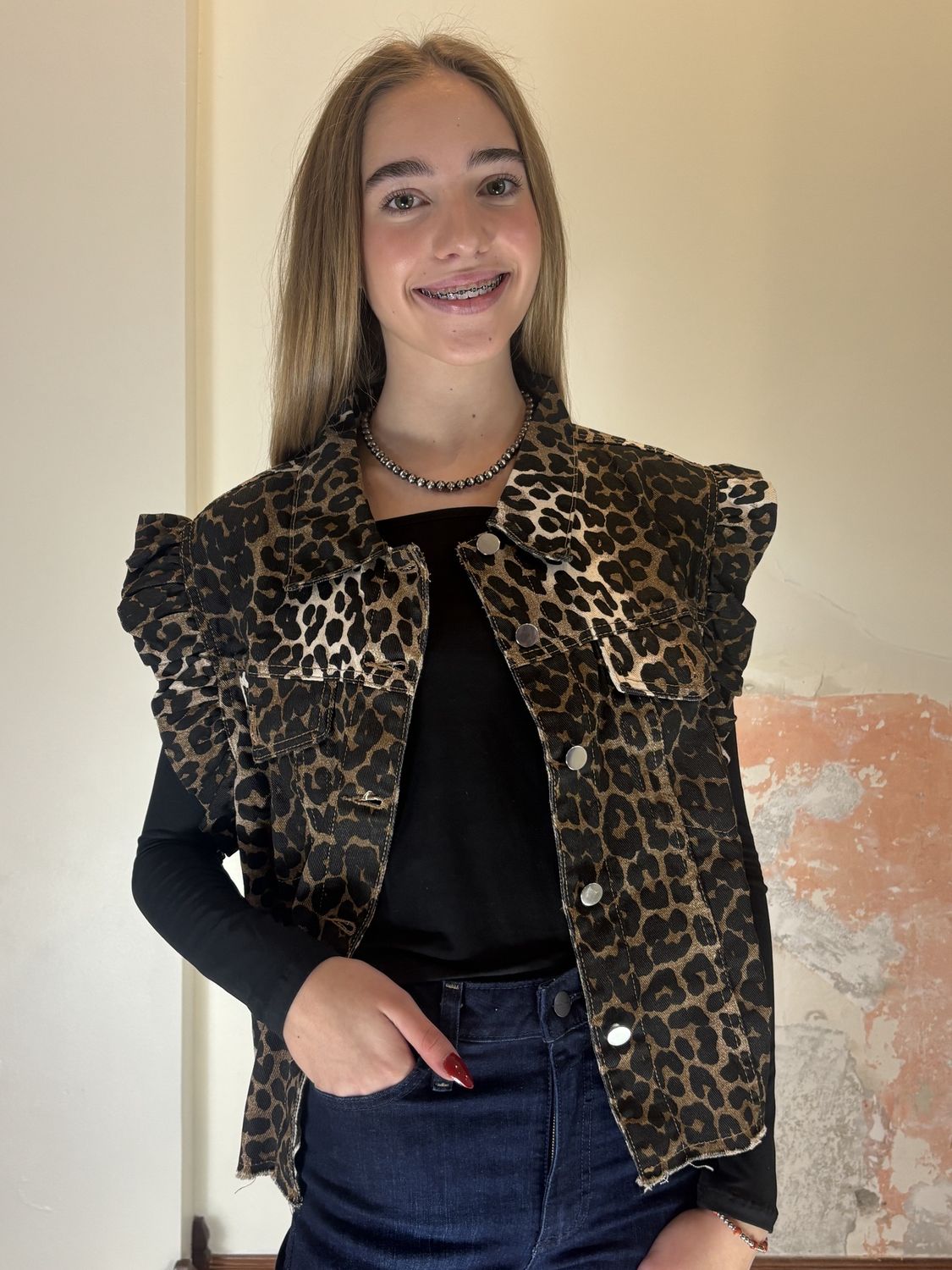 Cheetah Ruffle Sleeve Denim Vest