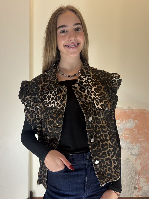 Cheetah Ruffle Sleeve Denim Vest