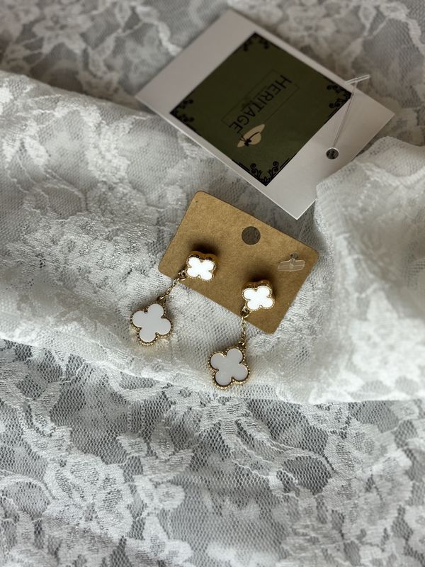 White and Gold Clover Dangle Earrings