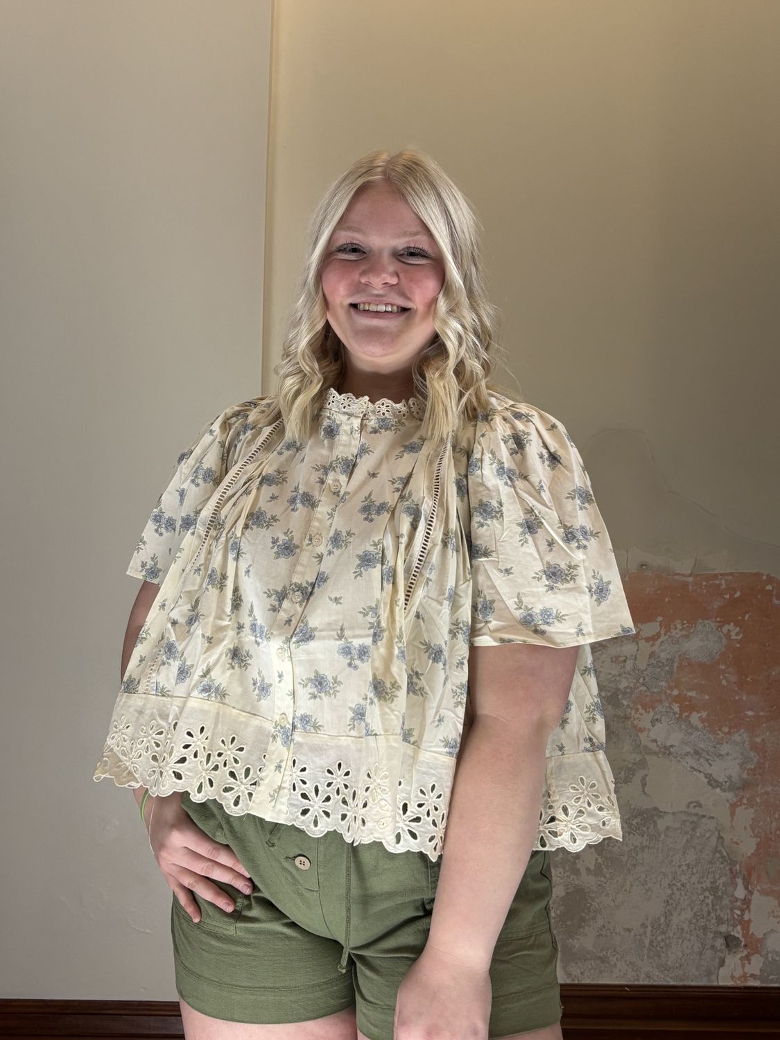 White Blue Floral Button Down Top