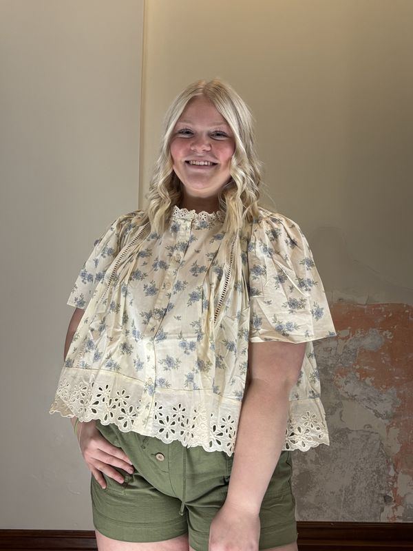 White Blue Floral Button Down Top