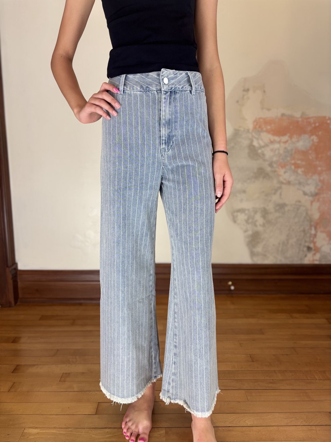 Washed Stripe Denim Frayed Jeans