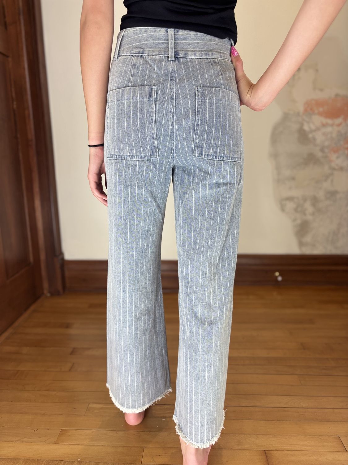 Washed Stripe Denim Frayed Jeans