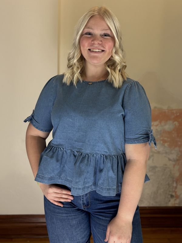 Denim Bow Detail Peplum TOP