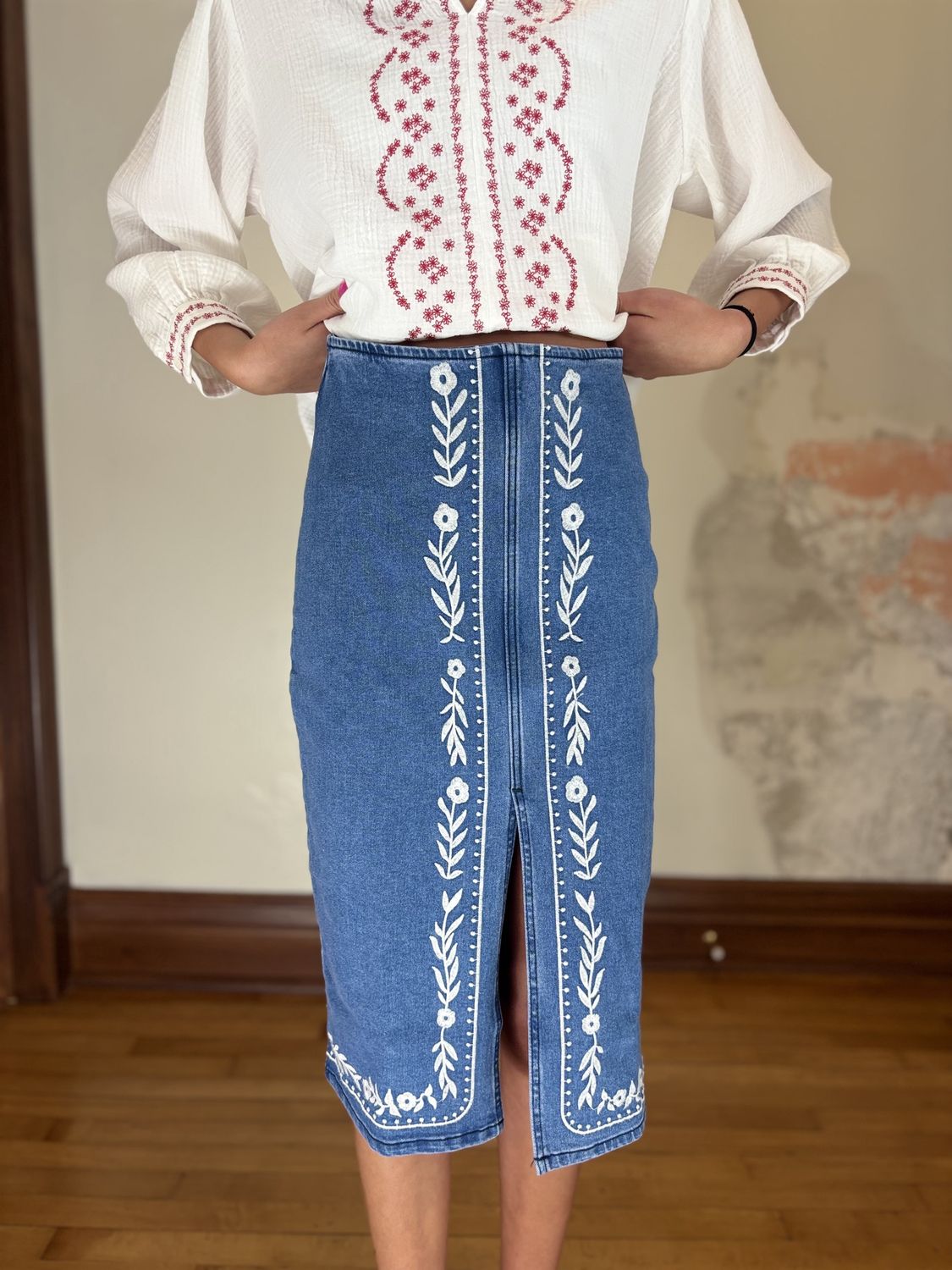 Floral Embroidered Denim Mid Skirt