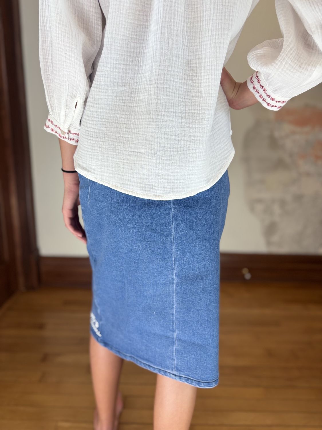 Floral Embroidered Denim Mid Skirt