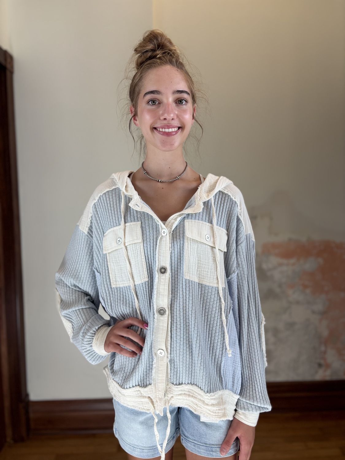 Dusty Blue Button up hoodie