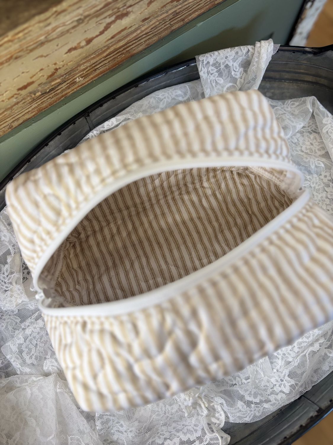 Brown Stripe Quilted Makeup Bag