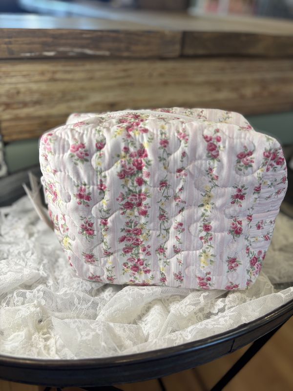 Pink Floral Large Quilted Makeup Bag