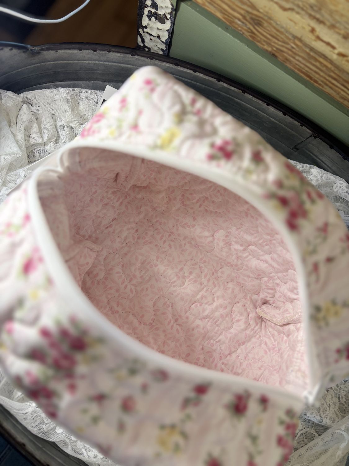 Pink Floral Large Quilted Makeup Bag