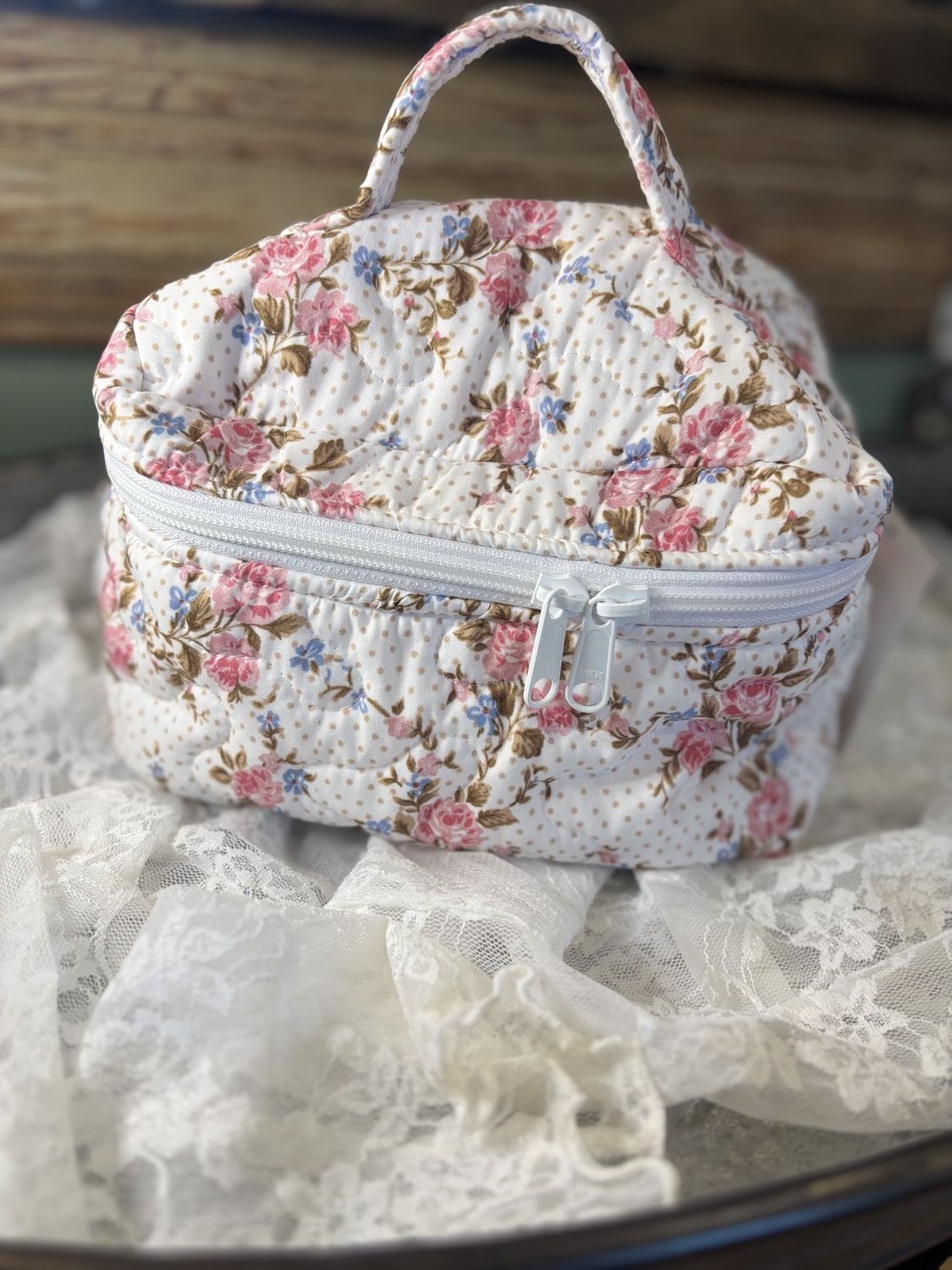 Rosey Floral Quilted Travel Makeup Bag