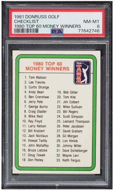 1981 Donruss Golf ’80 Top 60 Money Winners Checklist PSA 8