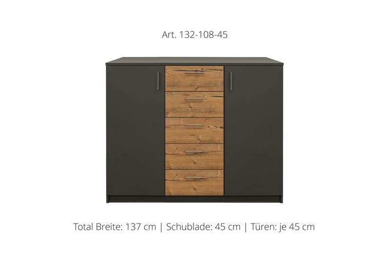 Sideboard 2-door | and center unit with 5 drawers | height 108 cm  | available in 3 widths