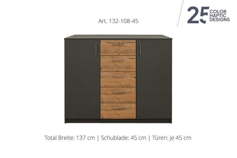 Sideboard 2-door | and center unit with 5 drawers | height 108 cm  | available in 3 widths | available in 25 finishes