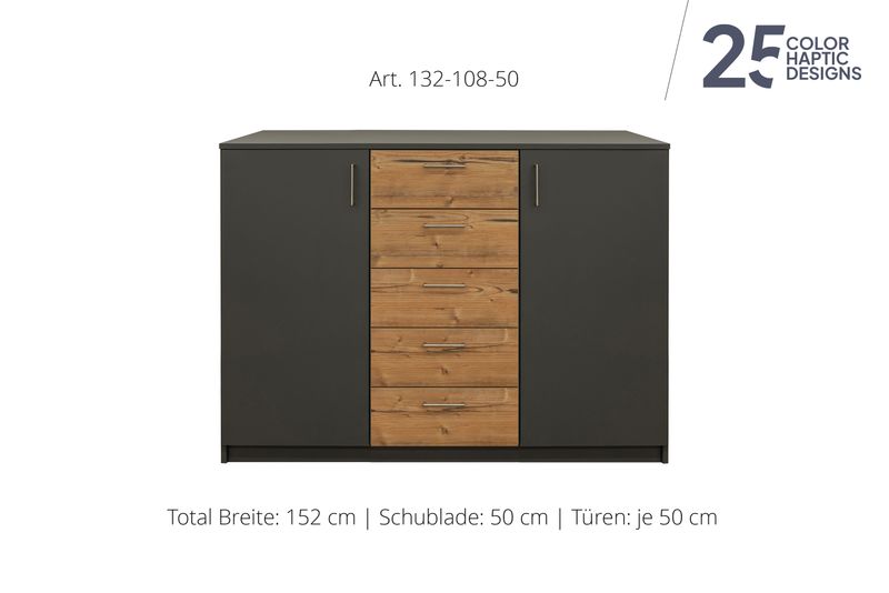 Sideboard 2-door | and center unit with 5 drawers | height 108 cm  | available in 3 widths | available in 25 finishes