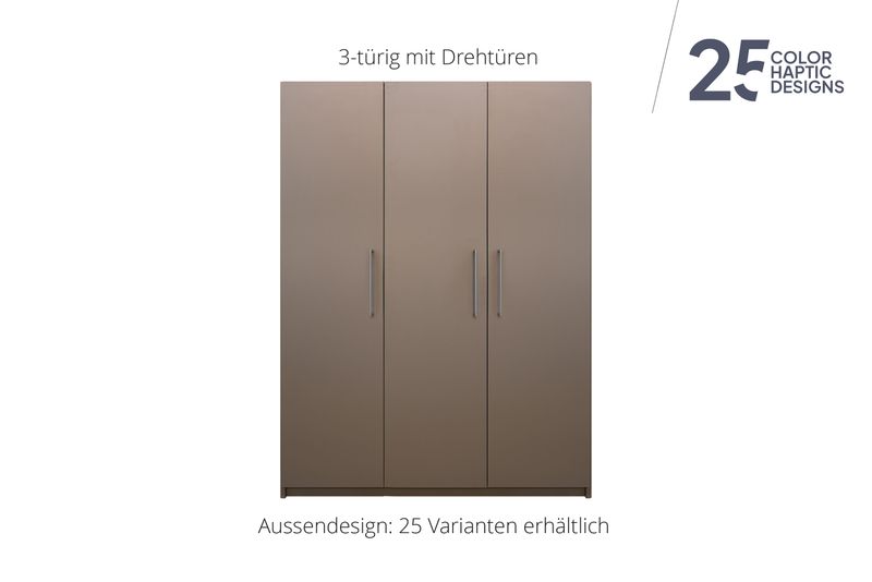 Wardrobe with hinged doors | 3 doors | 7 shelves | 1 clothes rail | available in 25 finishes