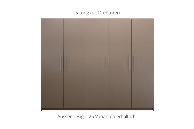 Wardrobe with hinged doors | 5 doors | 9 shelves | 2 clothes rails