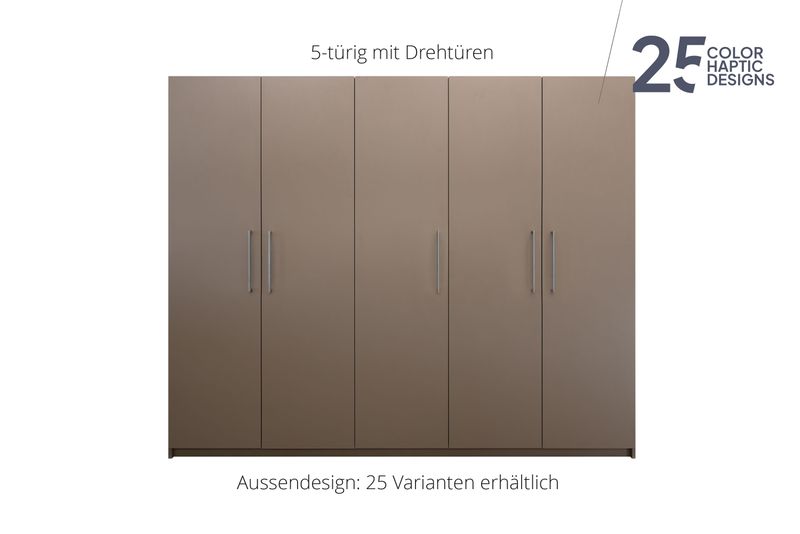 Wardrobe with hinged doors | 5 doors | 9 shelves | 2 clothes rails | available in 25 finishes