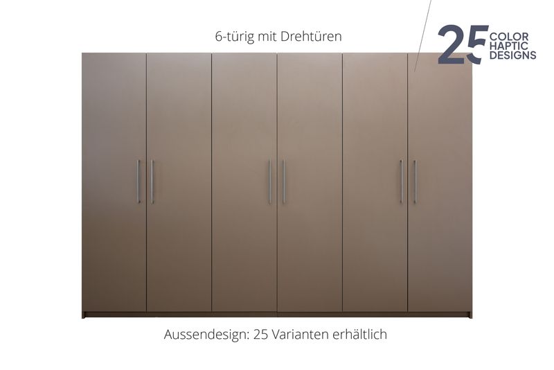 Wardrobe with hinged doors | 6 doors | 16 shelves | 3 clothes rails | available in 25 designs
