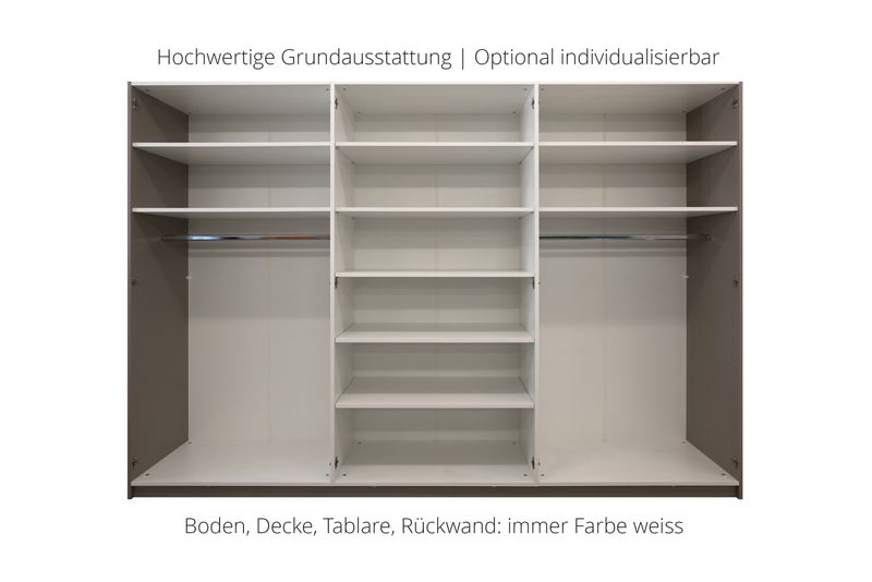 Wardrobe with hinged doors | 6 doors | 9 shelves | 2 clothes rails | available in 25 finishes