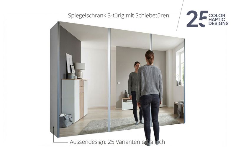 Sliding door wardrobe with mirror | 3-door | 9 shelves | 2 clothes rails | available in 25 finishes