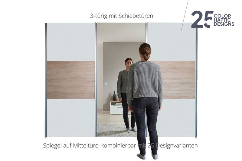 Sliding door wardrobe with mirror | 3-door | 16 shelves | 3 clothes rails | available in 25 finishes
