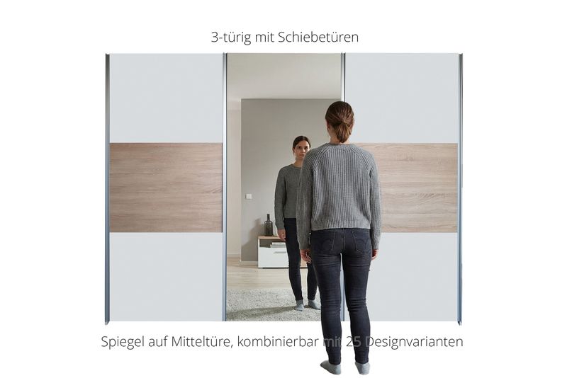 Sliding door wardrobe with mirror | 3-door | 14 shelves | 2 clothes rails