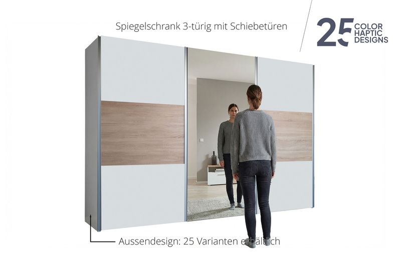 Sliding door wardrobe with mirror | 3-door | 14 shelves | 2 clothes rails | available in 25 finishes