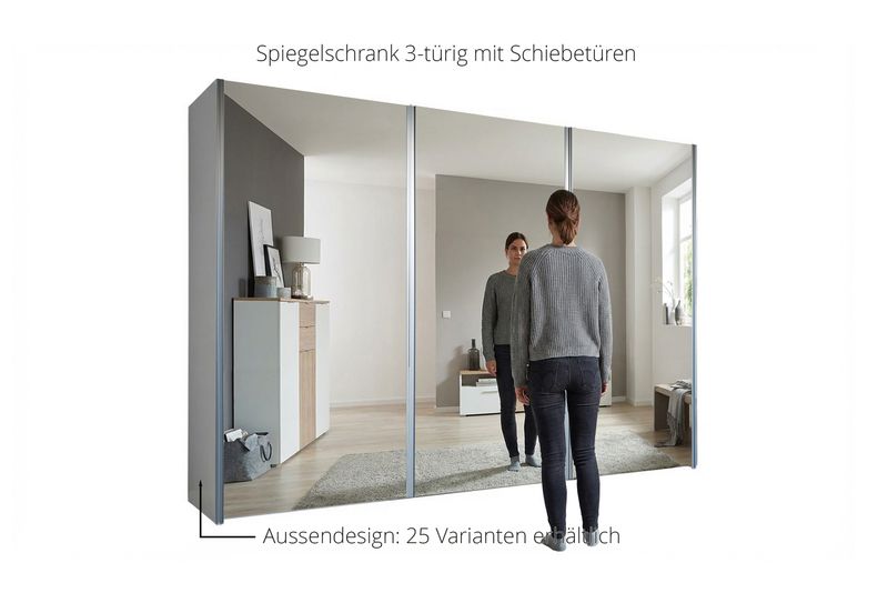 Sliding door wardrobe with mirror | 3-door | 16 shelves | 3 clothes rails