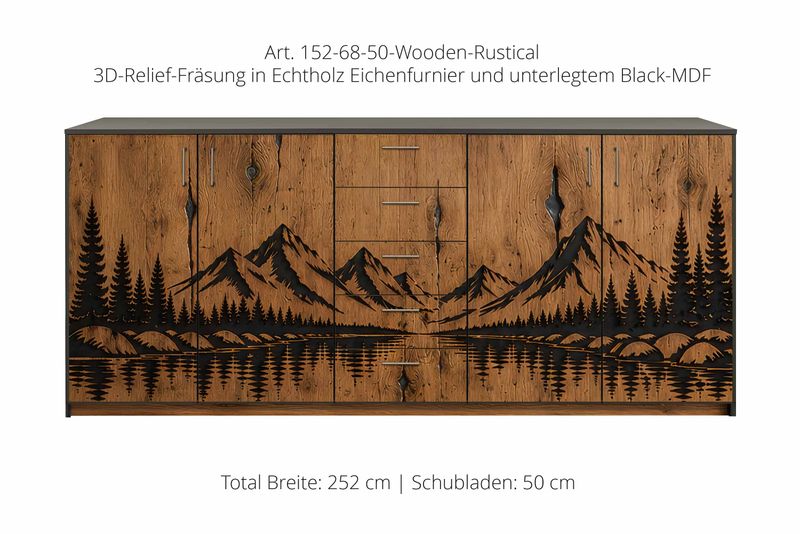 3D Wood Relief Sideboard | 4 Doors | Central Element with 5 Drawers | Height 108 cm
