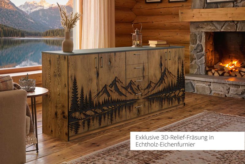 3D Wood Relief Sideboard | 4 Doors | Central Element with 5 Drawers | Height 108 cm