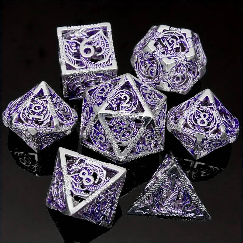 Hollow Metal Dice Set Silver and Purple