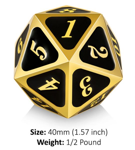 Dice Habit: 40mm Metal D20 Spindown Counter - Black &amp; Gold