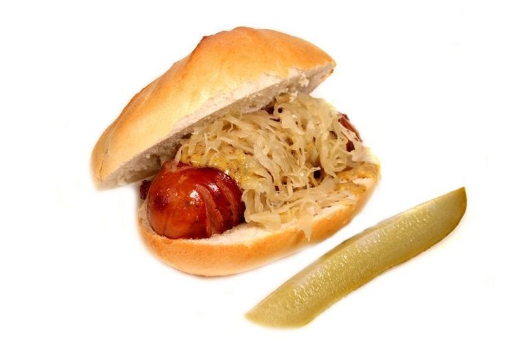 Smoked Brat on a Bun w/ Sauerkraut & Mustard