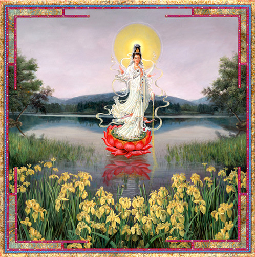 Quan Yin and Yellow Irises