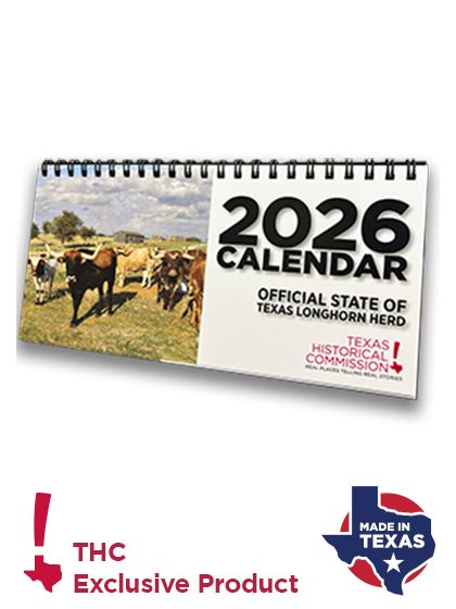 2026 Longhorn Desk Calendar 2026 calendar featuring photos of Texas longhorns. Bottom of image shows THC logo and Made in Texas logo