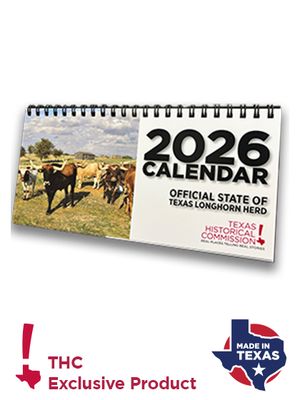2026 calendar featuring photos of Texas longhorns. Bottom of image shows THC logo and Made in Texas logo