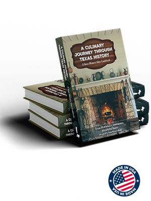 A stack of cookbooks with a photograph of a pot on a hearth on the cover. Bottom of image features THC and Made in USA logos.