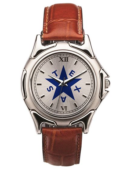 A silver-faced stainless steel watch with a blue star surrounded by the word "Texas" in the center and brown leather strap. 